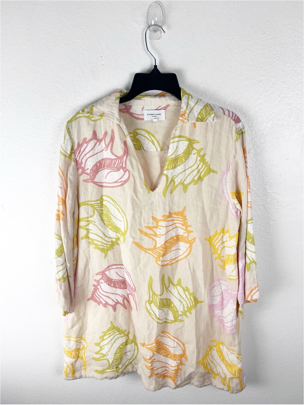 ELIZABETH JAMES 100% Linen Seashell Multicolor Tunic Dress Size Small Boho Chic